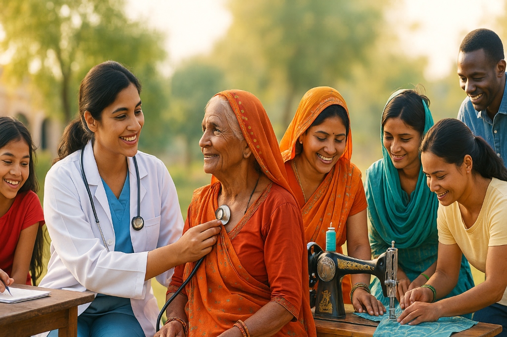 Illustration of the Foundation’s fields of work: healthcare, women’s livelihoods and children’s education.