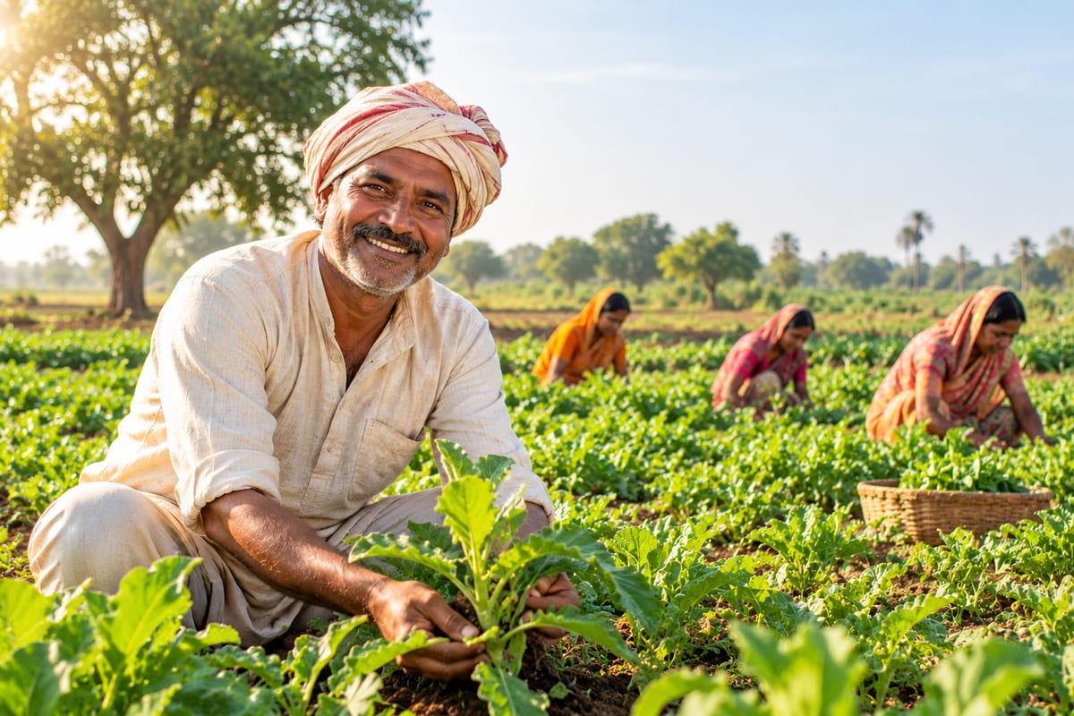 Illustration: farmers tending crops in a field.