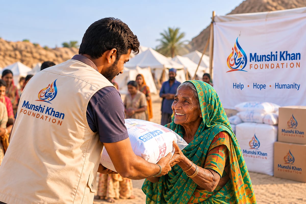 Illustration: a relief volunteer handing supplies to a resident at a distribution point.