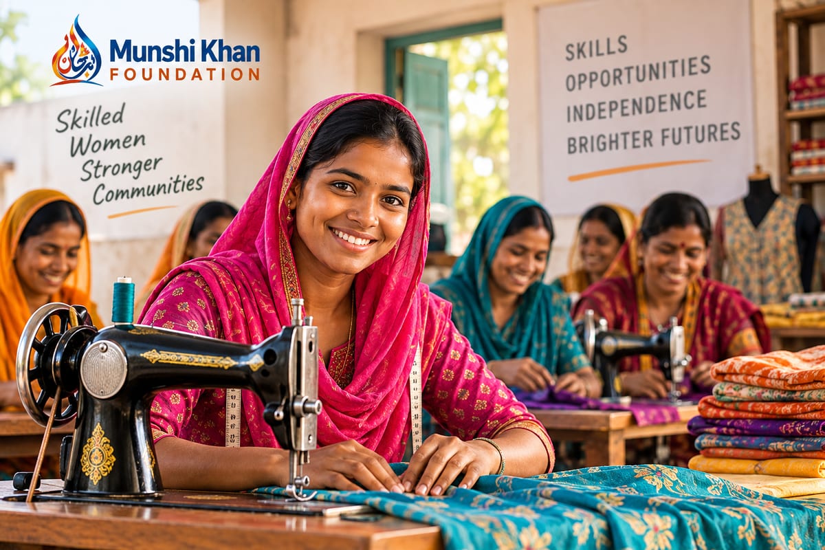 Illustration: women working at sewing machines in a tailoring workshop.